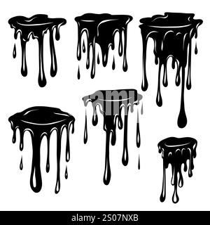 Ensemble vectoriel de silhouettes noires de gouttes de peinture avec des gouttes coulantes vers le bas dans le style de bande dessinée isolé de l'arrière-plan. Collecte monochrome de mazout Illustration de Vecteur