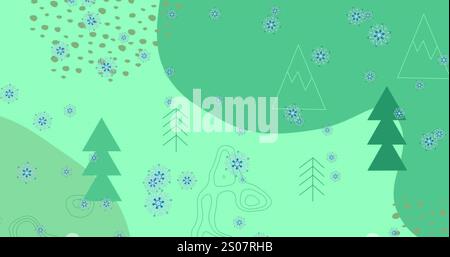Image de flocons de neige tombant sur des icônes d'arbre de noël et des formes abstraites sur fond vert Banque D'Images