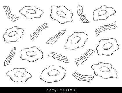 Ensemble de doodle bacon et œufs. Fond d'illustration vectorielle d'illustration de dessin animé. Motif côté ensoleillé vers le haut pour le Web et les médias numériques Illustration de Vecteur