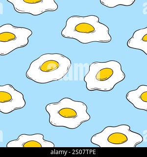 Œufs frits doodle motif sans couture. Fond d'illustration vectorielle d'illustration de dessin animé. Motif côté ensoleillé vers le haut pour le Web et les médias numériques Illustration de Vecteur