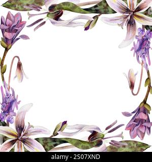 Fleurs de forêt printanière, lys de truite érythronium blanc, orchidée de vesce corydalis violette, bourgeon mauve magnolia camelia dessiné à la main à l'aquarelle. Cadre de bordure Banque D'Images