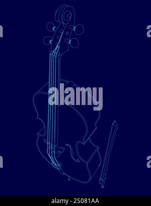 Dessin bleu d'un violon avec un crayon sur le côté droit. Le dessin est d'une alto, et il est montré dans une couleur bleue Illustration de Vecteur