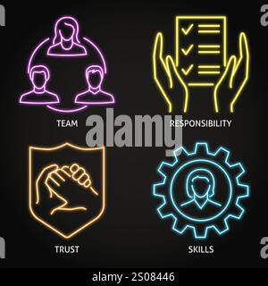Jeu d'icônes néon de travail d'équipe. Partenariat, symboles de coopération. Illustration vectorielle Illustration de Vecteur