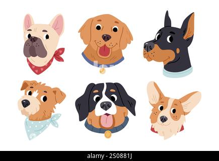 Ensemble de différentes races de chiens. Bouledogue, chien de montagne bernois, rottweiler, Doberman, Corgi, Golden Retriever, Labrador. Illustration de Vecteur