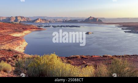 Lever de soleil le matin sur les montagnes désertiques rocheuses et les fleurs jaunes du lac Powell dans le nord de page Arizona Banque D'Images