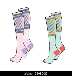 Au-dessus des chaussettes de genou pour le modèle de maquette vectorielle de dessin plat de femmes. Illustration de Vecteur