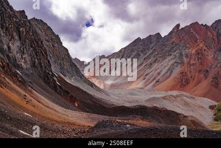 La vue panoramique depuis le col de Sarry Mogol dans le sud-est du Kirghizistan - le point culminant de la traverse de boucle d'Alay. Banque D'Images