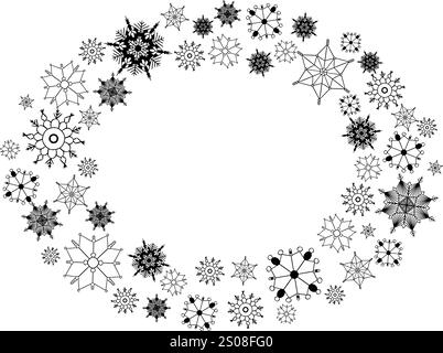 Ligne graphique cadre ovale avec flocons de neige isolé sur fond transparent blanc. Poudre vectorielle avec des particules détaillées. Cercle de cristaux de neige. Illustration de Vecteur