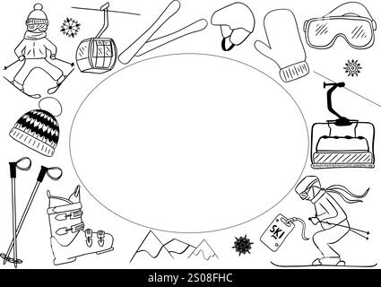 Fond de sports d'hiver avec des éléments d'équipement de ski de ligne graphique en ovale avec un espace pour le texte. Carte de cadre de vecteur d'activités d'hiver avec équipement de ski Illustration de Vecteur