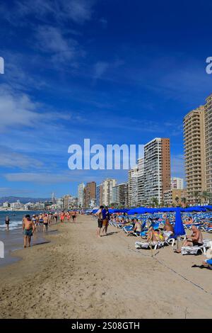 Vue sur la plage de Levante, ville de Benidorm, Costa Blanca, Province de Valence, Espagne, Europe Banque D'Images
