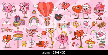 Dessins animés groovy personnages et symboles de la saint-valentin. Ensemble vectoriel de coeurs, messages d'amour, ballons, cadeaux et personnages rétro ludiques sur fond de spirale rose. Patchs pour décor romantique et festif Illustration de Vecteur