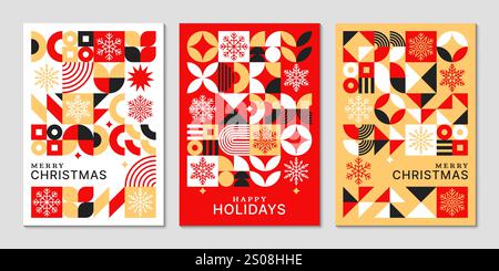 Affiches abstraites de Bauhaus géométriques de Noël avec flocons de neige. Les modèles de couverture verticale vectorielle avec des couleurs vives rouge, or et noir créent une sensation de vacances rétro moderne, des arrière-plans saisonniers d'hiver Illustration de Vecteur