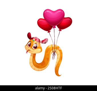 Le personnage de serpent de dessin animé de la Saint-Valentin porte un chapeau chinois rouge traditionnel, volant sur un tas de ballons en forme de coeur. Reptile vectoriel, animal serpent célèbre l'amour et la fête avec des ballons rouges Illustration de Vecteur