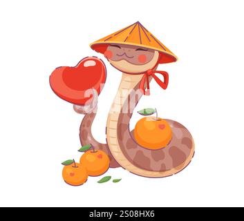 Cartoon Saint-Valentin serpent asiatique avec coeur d'amour et fruits mandarine. Reptile charmant vecteur avec une expression joyeuse, portant un chapeau conique traditionnel évoque la chaleur et la prospérité pour la célébration Illustration de Vecteur