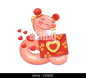 Cartoon Saint-Valentin serpent asiatique avec coeur d'amour et lettre. Reptile rose mignon vecteur avec des joues rougissantes et des accessoires de cheveux festifs tient une enveloppe rouge décorée, entourée de cœurs flottants Illustration de Vecteur