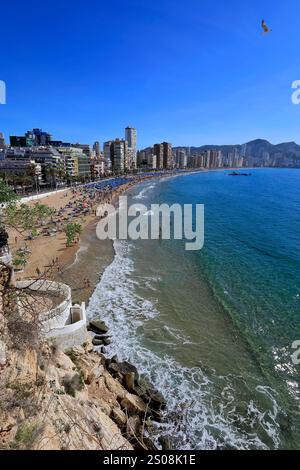 Vue sur la plage de Levante, ville de Benidorm, Costa Blanca, Province de Valence, Espagne, Europe Banque D'Images