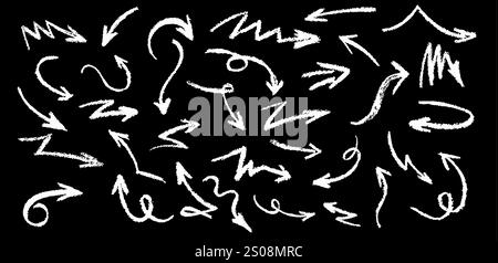 Jeu de flèches de crayon blanc. Crayon de cire dessinant des éléments de grafitti sur le mur noir. Collection de symboles vectoriels de contour de charbon de bois des indicateurs de direction Illustration de Vecteur