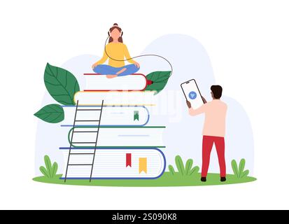 Les personnes qui utilisent des livres audio. Une personne écoute avec des écouteurs sur une pile de livres, tandis qu'une autre interagit avec un smartphone affichant une illustration vectorielle de bouton de lecture. Illustration de Vecteur