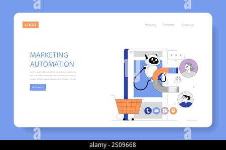 Concept d'automatisation des processus métier. Adorable robot gère l'interaction client sur interface numérique. Efficacité des opérations marketing. Illustration vectorielle. Illustration de Vecteur