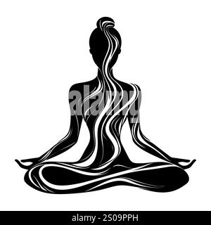 Silhuette féminine en méditation. Figure paisible dans la pose de lotus de yoga. Clipart moderne et isolé sur fond transparent. Banque D'Images