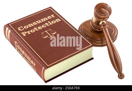 Concept de protection des consommateurs. Marteau en bois et échelles de justice avec livre de droit de la protection des consommateurs. Rendu 3D isolé sur fond blanc Banque D'Images