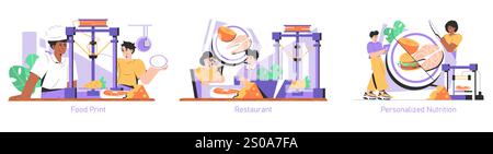 Ensemble de concepts alimentaires d'impression. Les chefs et les dîners interagissent avec les imprimantes alimentaires 3D dans divers contextes. Innovation dans la cuisine et options diététiques sur mesure. Illustration vectorielle. Illustration de Vecteur