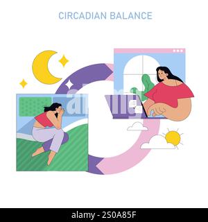 Concept de rythme circadien. Femme équilibrant le travail avec le repos pour maintenir un cycle sommeil-éveil sain. Transition de la productivité diurne à la détente nocturne. Illustration vectorielle. Illustration de Vecteur