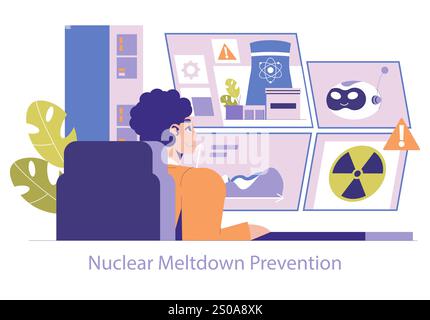 Concept de sûreté nucléaire. Le technicien surveille les systèmes des réacteurs pour éviter la fusion. Interface avancée de la salle de commande, sensibilisation aux dangers. Illustration vectorielle. Illustration de Vecteur