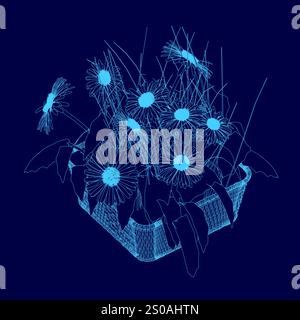 Arrangement de fleurs bleues avec un panier. Les fleurs sont de différentes tailles et couleurs, et le panier en est rempli. L'arrangement est très coloré Illustration de Vecteur