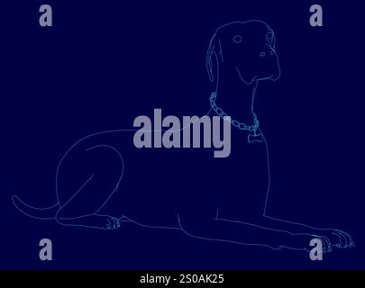 Le chien est allongé sur un fond bleu. Le chien porte un collier. Le chien regarde la caméra Illustration de Vecteur