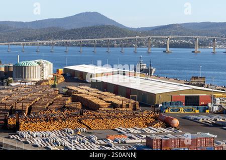 Hobart Tasmanie, les fournitures forestières prêtes à l'exportation à Macquarie Wharf dans les docks de Hobart, les grumes proviennent des forêts du sud de la Tasmanie, 2024 Banque D'Images