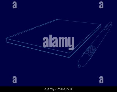 Cahier bleu avec un stylo dessus. Le bloc-notes est ouvert à une page avec un seul mot écrit dessus. Le stylet repose sur l'ordinateur portable, avec le t Illustration de Vecteur