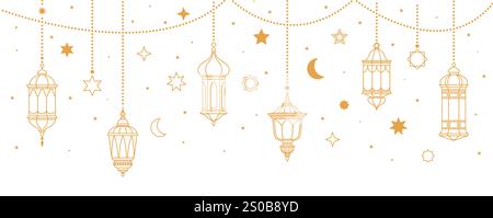 Lanternes et lampes arabes dorées Ramadan. Ramadan Kareem Eid Mubarak islam religion vecteur de vacances fond avec des lanternes suspendues de ligne d'or, croissant de lune musulmane, lampes arabes et guirlande d'étoiles Illustration de Vecteur