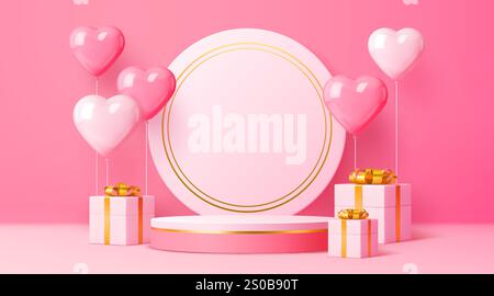 Pied de scène podium de Saint-Valentin avec cadeaux de vacances et ballons de coeur sur fond rose. Plate-forme circulaire vectorielle 3D réaliste avec des accents d'or pour la célébration romantique ou les présentations festives Illustration de Vecteur