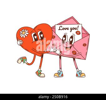 Dessin animé groovy valentine Day enveloppe personnage embrasse avec coeur. Le courrier de vacances vintage isolé ou les personnages rétro de lettre éprouvent l'amour, la joie et l'affection, symbole romantique ou message d'amour Illustration de Vecteur