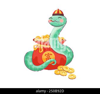 Personnage de serpent de dessin animé chinois du nouvel an lunaire enroulé autour d'un sac d'argent rouge plein de pièces d'or, orné d'un ruban et de hiéroglyphes. Animal reptile festif symbolisant la richesse et la prospérité pour 2025 Illustration de Vecteur