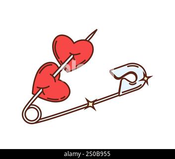 Épingle de sécurité groovy de dessin animé ornée de deux cœurs rouges, capturant l'essence de la célébration de la Saint-Valentin, de l'amour et des relations amoureuses. Vecteur isolé symbole d'affection, de liaison et de couple aimant Illustration de Vecteur