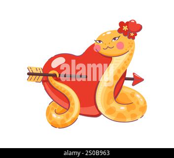 Cartoon Saint-Valentin serpent asiatique avec coeur d'amour percé par une flèche. Vecteur charmant reptile jaune, serpent serpent animal orné de décorations florales, combine amour et ludique et romance Illustration de Vecteur