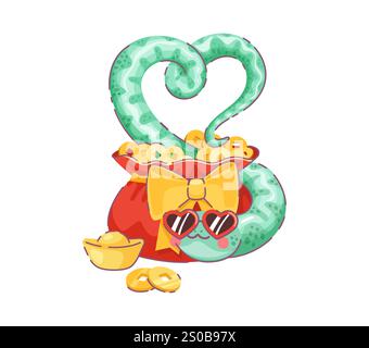 Cartoon Saint-Valentin serpent asiatique forme la forme de coeur au-dessus du sac d'argent rouge rempli de pièces d'or et de lingots, orné d'un arc jaune. Vecteur reptile chinois ludique dans les lunettes de soleil coeur rayonne de plaisir Illustration de Vecteur