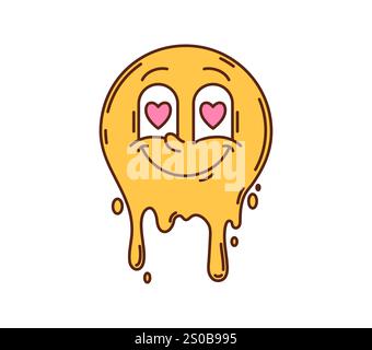 Dessin animé groovy Valentine Melting visage personnage avec des cœurs dans ses yeux. Vecteur ludique, fondant emoji avec des yeux en forme de cœur et un sourire rêveur. Rétro hippie jaune goutte à goutte, expression affectueuse Illustration de Vecteur