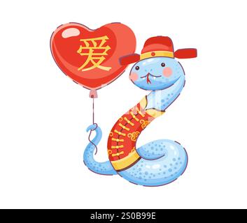 Cartoon Saint-Valentin serpent asiatique avec ballon en forme de coeur avec des hiéroglyphes chinois pour l'amour, symbolise l'affection, la célébration et la joie festive. Vecteur mignon, reptile charmant bleu, serpent serpent Illustration de Vecteur