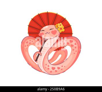 Caricature Saint-Valentin serpent asiatique avec des motifs en forme de coeur tenant un parasol chinois rouge et orné d'une fleur, respire l'amour et la grâce. Vecteur mignon charmant et romantique serpent rose ou reptile Illustration de Vecteur