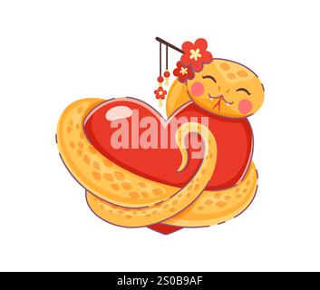 Cartoon Saint-Valentin serpent asiatique avec coeur d'amour. Reptile vecteur mignon, serpent serpent avec un accessoire floral s'enroule autour du cœur rouge, transmet la chaleur, la passion et la positivité pour un événement romantique festif Illustration de Vecteur