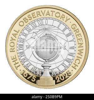 Photo non datée émise par la monnaie royale du 350e anniversaire de l'Observatoire royal, Greenwich £2 coin, l'une des cinq nouvelles pièces commémorant les jalons et anniversaires nationaux à venir en 2025. Les pièces seront disponibles dans une gamme de métaux précieux et de finitions de base. Date d'émission : vendredi 27 décembre 2024. Banque D'Images