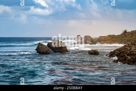 Une vue panoramique sur la côte avec des formations rocheuses, des vagues douces et une colline verdoyante sous un ciel nuageux. L'océan reflète différentes nuances de blu Banque D'Images