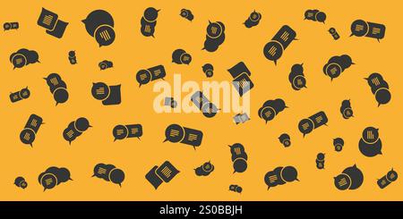 Bulles de parole et de pensée noires, symboles de communication - motif de différentes tailles, formes et orientation sur fond de couleur ambre à grande échelle - de Illustration de Vecteur