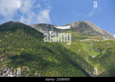 Vue aérienne de dessus au-dessus du col vert à la gorge profonde rocheuse avec des silhouettes de rochers tranchants contre une énorme montagne enneigée sous les nuages dans le ciel bleu. Dramatique Banque D'Images