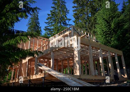 Bâtiment résidentiel avec ossature en bois en cours de construction près d'une forêt. Début de la nouvelle construction de chalet confortable. Idée de construction écologique, conception architecturale contemporaine Banque D'Images