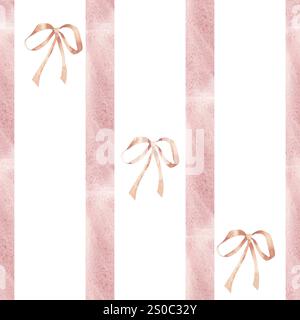Rayures roses avec de mignons noeuds coquette motif aquarelle sans couture. Fond abstrait géométrique avec des coups pastel pour la Saint-Valentin, romantique, femme Banque D'Images