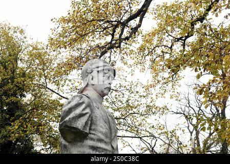 Die Bismarck-Statue steht direkt an der Bushaltestelle am Bahnhof Berlin-Wannsee, an der Busse in Richtung Potsdam abfahren. Bismarck-Büste am Bahnhof Berlin-Wannsee *** la statue de Bismarck est située directement à l'arrêt de bus de la gare de Berlin Wannsee, d'où partent les bus pour le buste de Potsdam Bismarck à la gare de Berlin Wannsee Banque D'Images